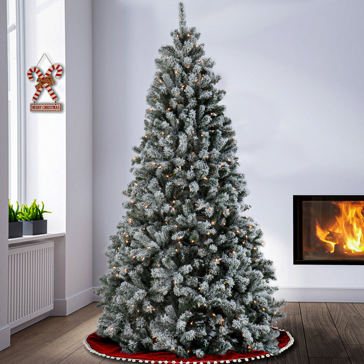 9ft Pre Lit Slim Snowy Spruce Christmas Tree, Clear Lights