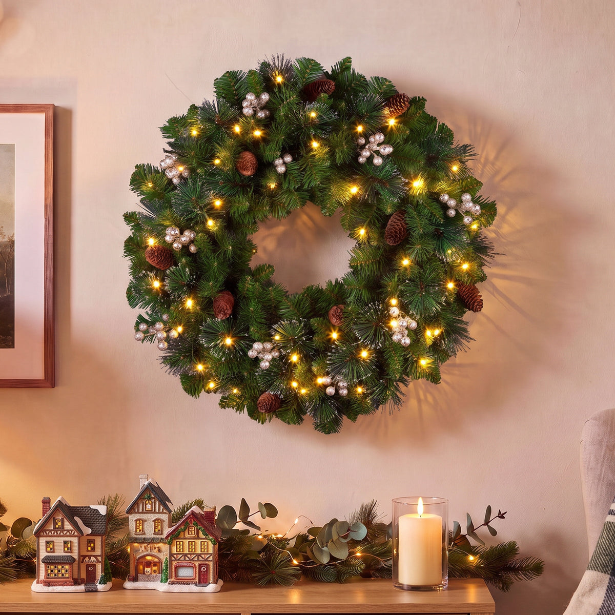 Pre Lit Gold Spruce Wreath with Silver Bristle, Warm White LED, 61 cm