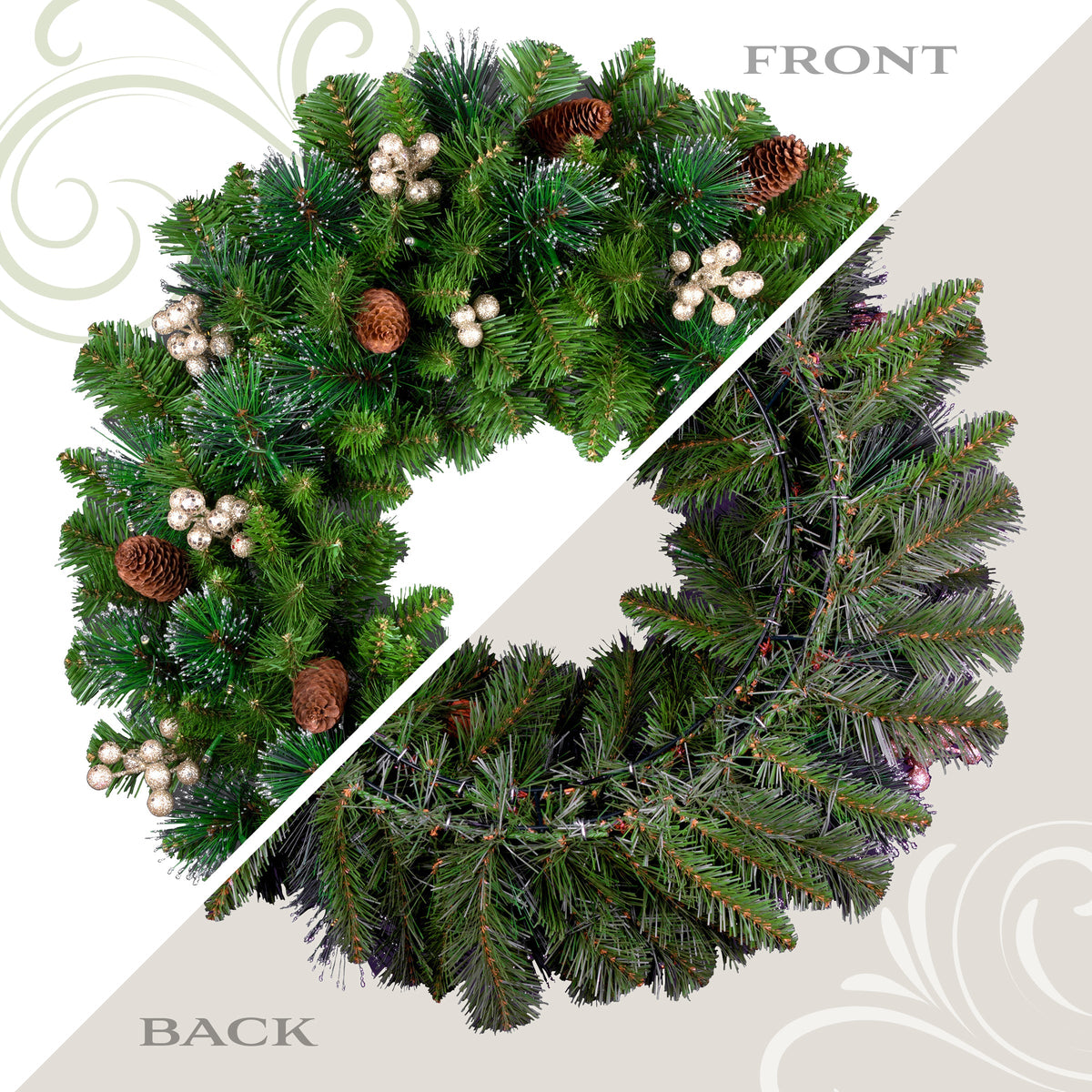 Pre Lit Gold Spruce Wreath with Silver Bristle, Warm White LED, 61 cm