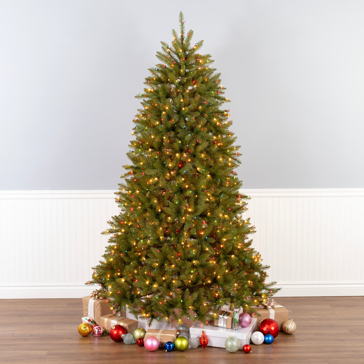 9ft Pre Lit Dunhill Fir Christmas Tree, 1,800 Multicolour and Clear Lights