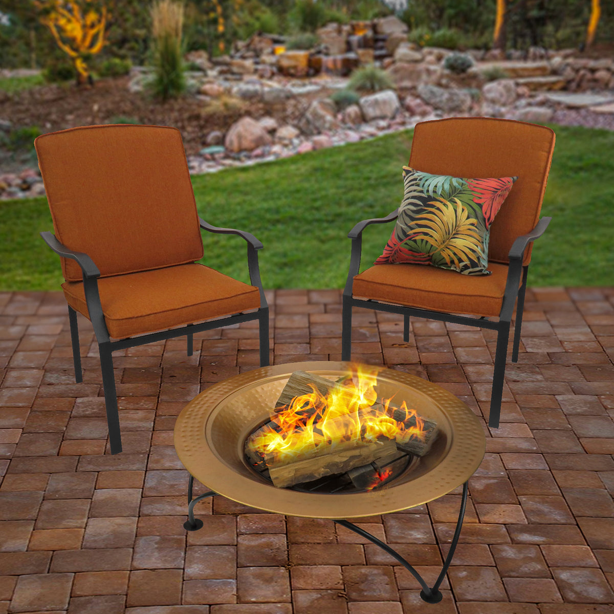 Copper Finish Hammered Steel Fire Pit with Stand and Cover, 84 cm