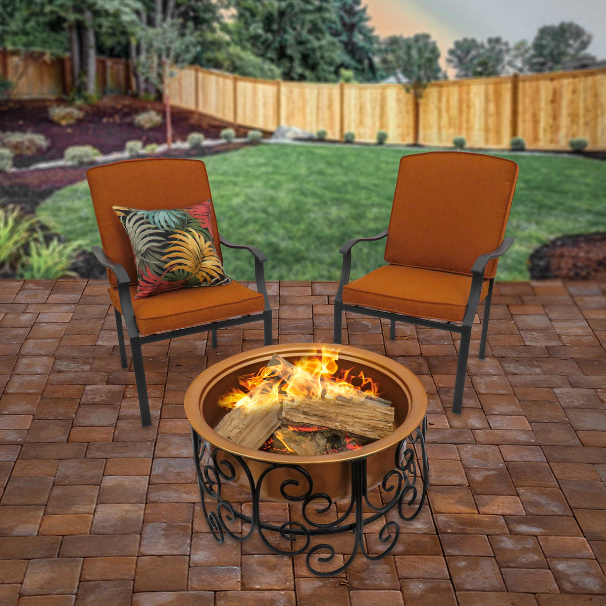 Copper Finish Steel Fire Pit with Ornate Stand and Screen, 76 cm