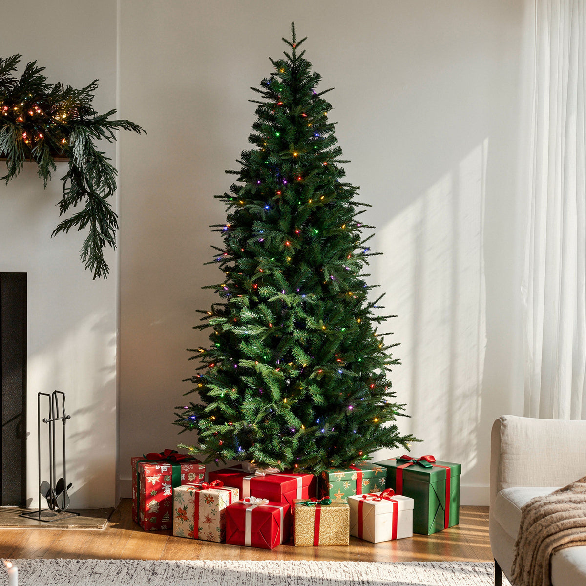 7.5ft Pre Lit Natural Fir Christmas Tree, Dual Colour Multifunction LEDs