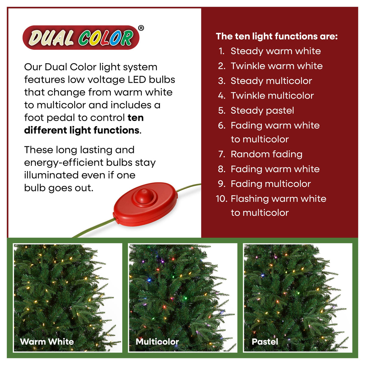 7.5ft Pre Lit Natural Fir Christmas Tree, Dual Colour Multifunction LEDs