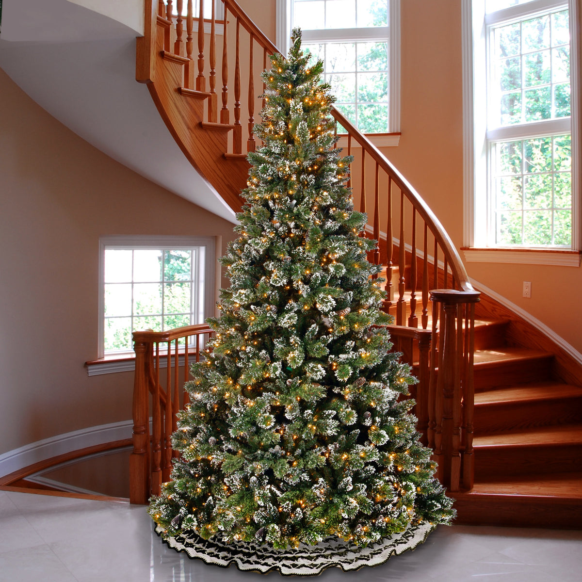 9ft Pre Lit Glitter Bristle Pine Christmas Tree, Clear Lights