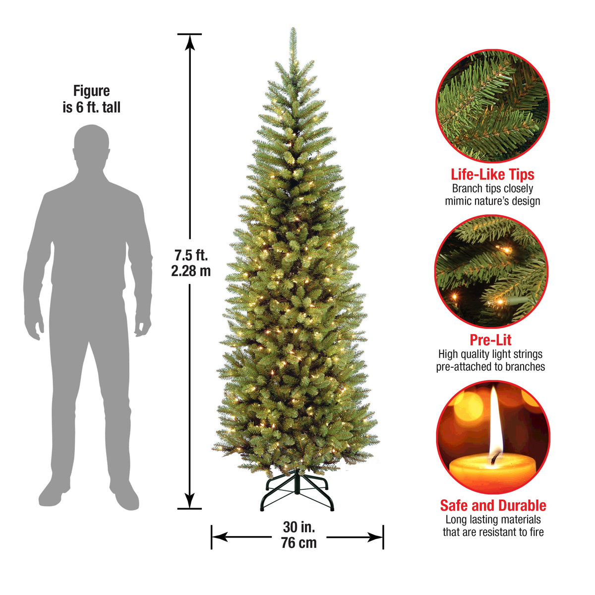 7.5ft Pre Lit Pencil Fir Christmas Tree, 350 Clear Lights