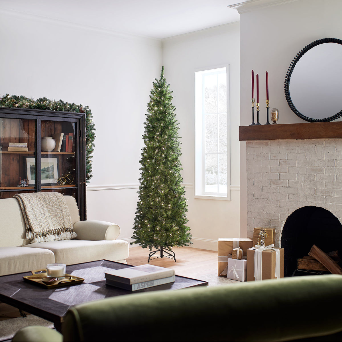 7.5ft Pre Lit Pencil Fir Christmas Tree, 350 Clear Lights