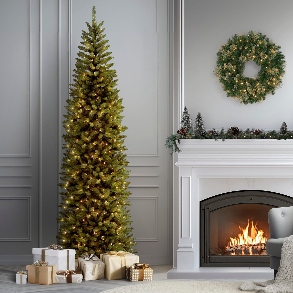 9ft Pre Lit Pencil Fir Christmas Tree, 500 Clear Lights