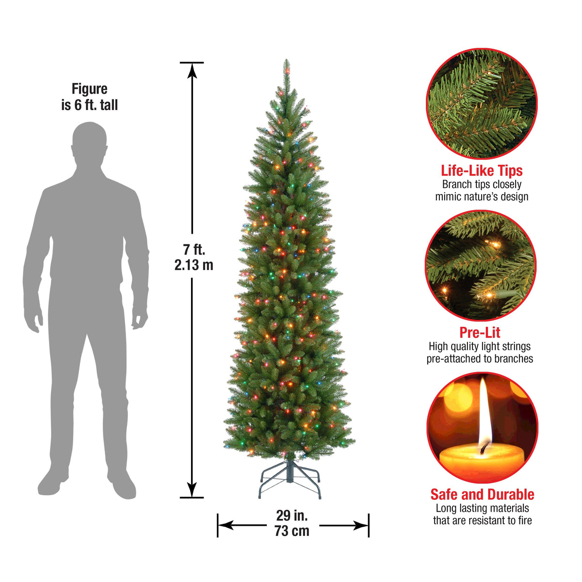 7ft Pre Lit Pencil Fir Christmas Tree, 300 Multicoloured Lights