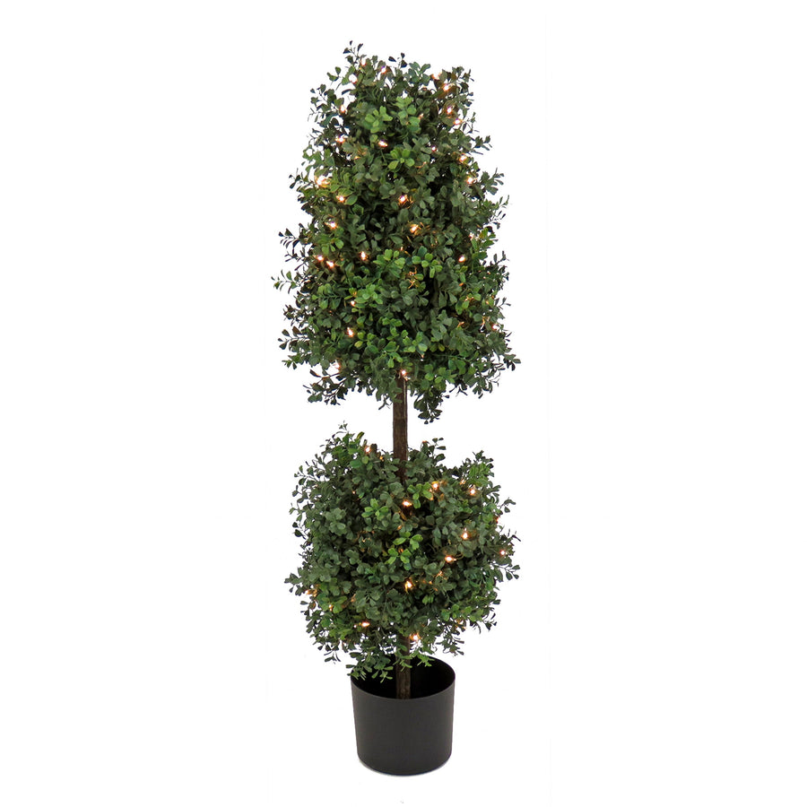 Pre Lit Boxwood Cone and Ball Topiary in Black Pot, Clear Lights, 122 cm