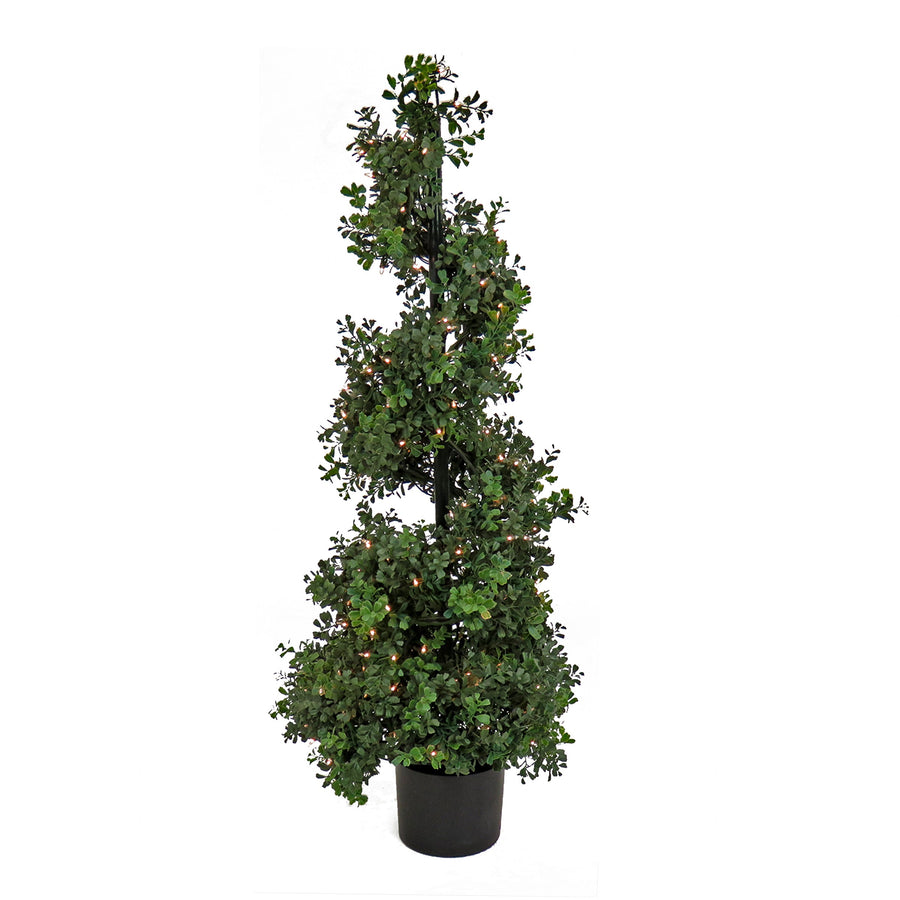 Pre Lit Boxwood Spiral Topiary in Black Pot, Clear Lights, 122 cm