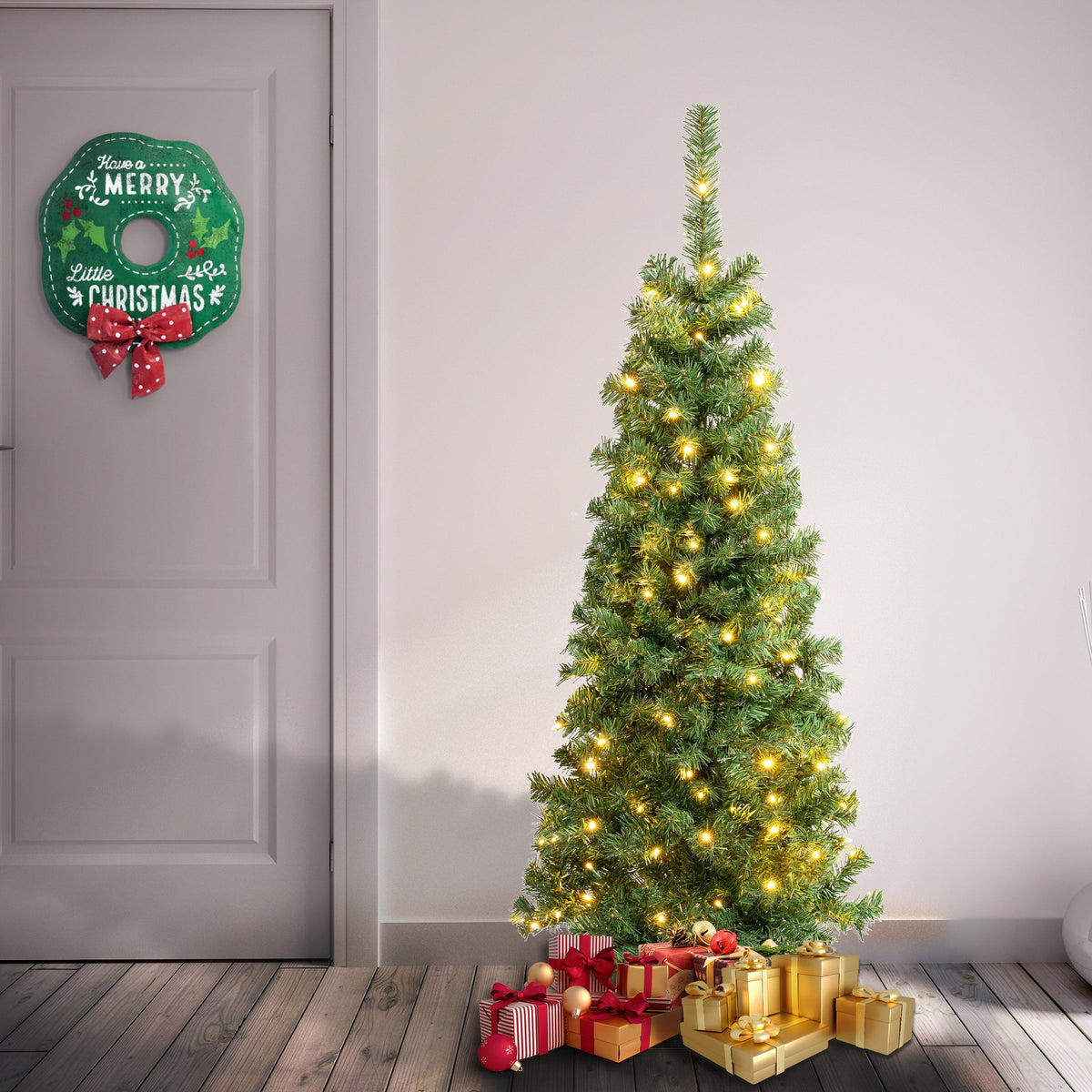 4.5ft Pre Lit Linden Spruce Christmas Tree, 150 Warm White LEDs