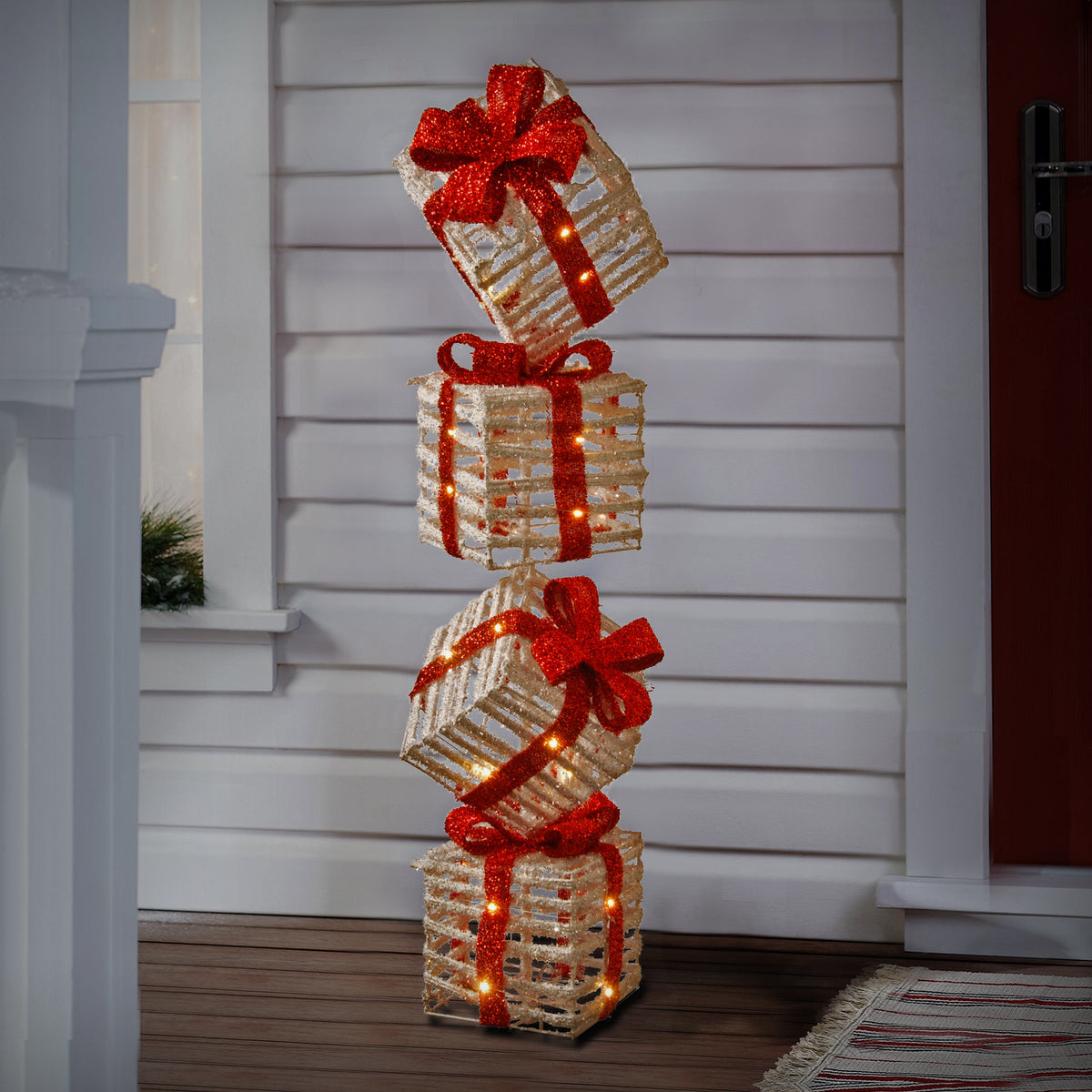 Pre Lit White Rattan Gift Box Tower with Micro LED Lights, 86 cm