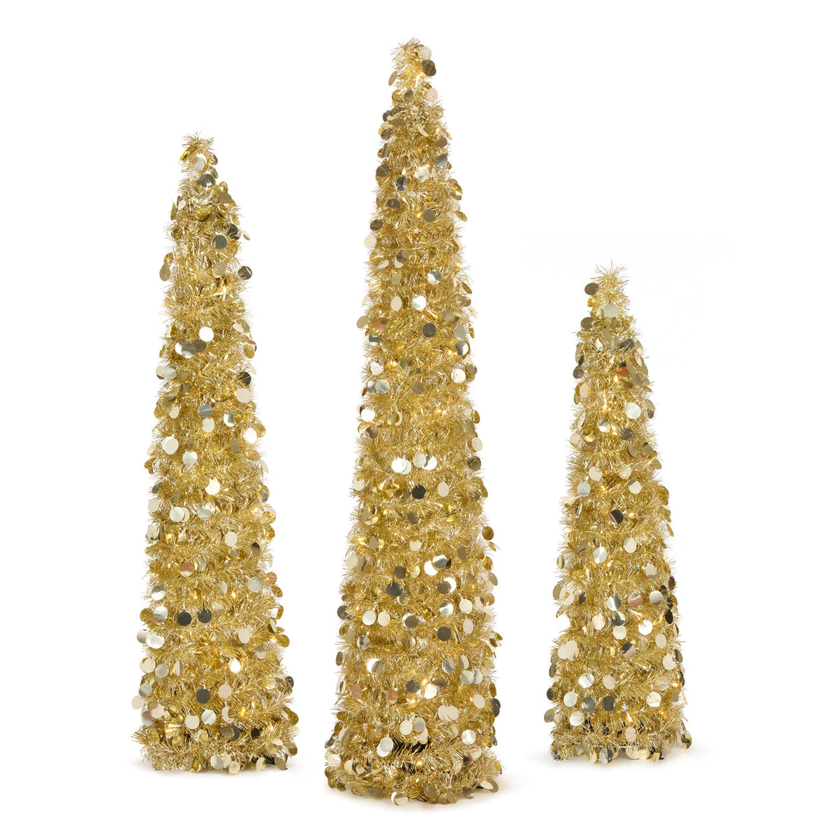 Pre Lit Gold Tinsel Pop Up Pencil Trees, Set of 3 (3ft, 4ft, 5ft)
