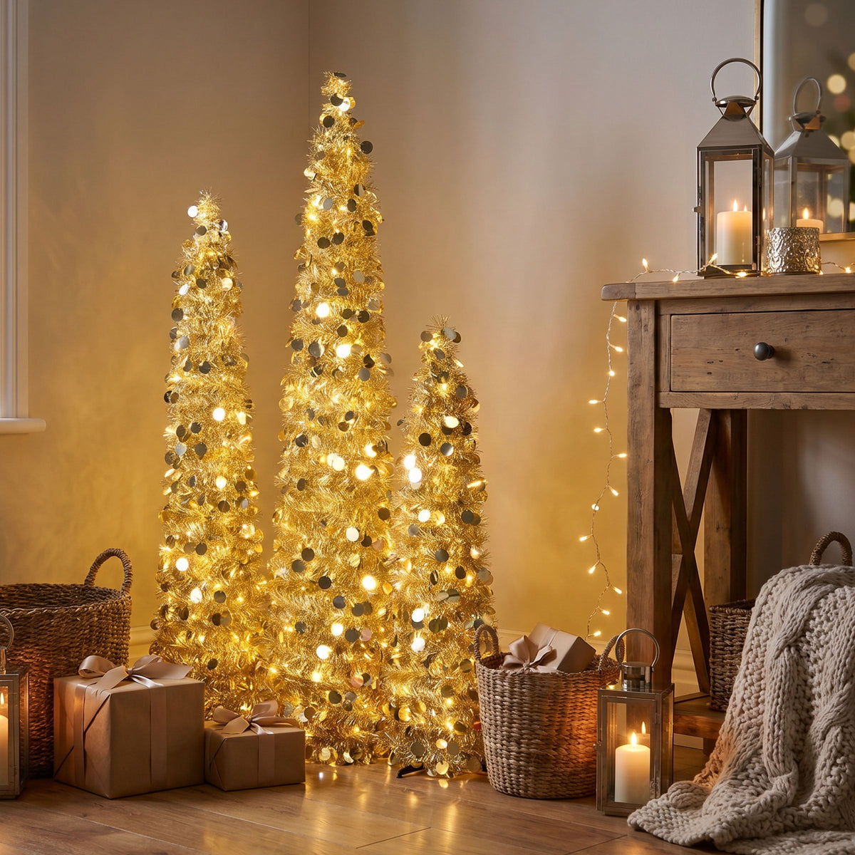 Pre Lit Gold Tinsel Pop Up Pencil Trees, Set of 3 (3ft, 4ft, 5ft)