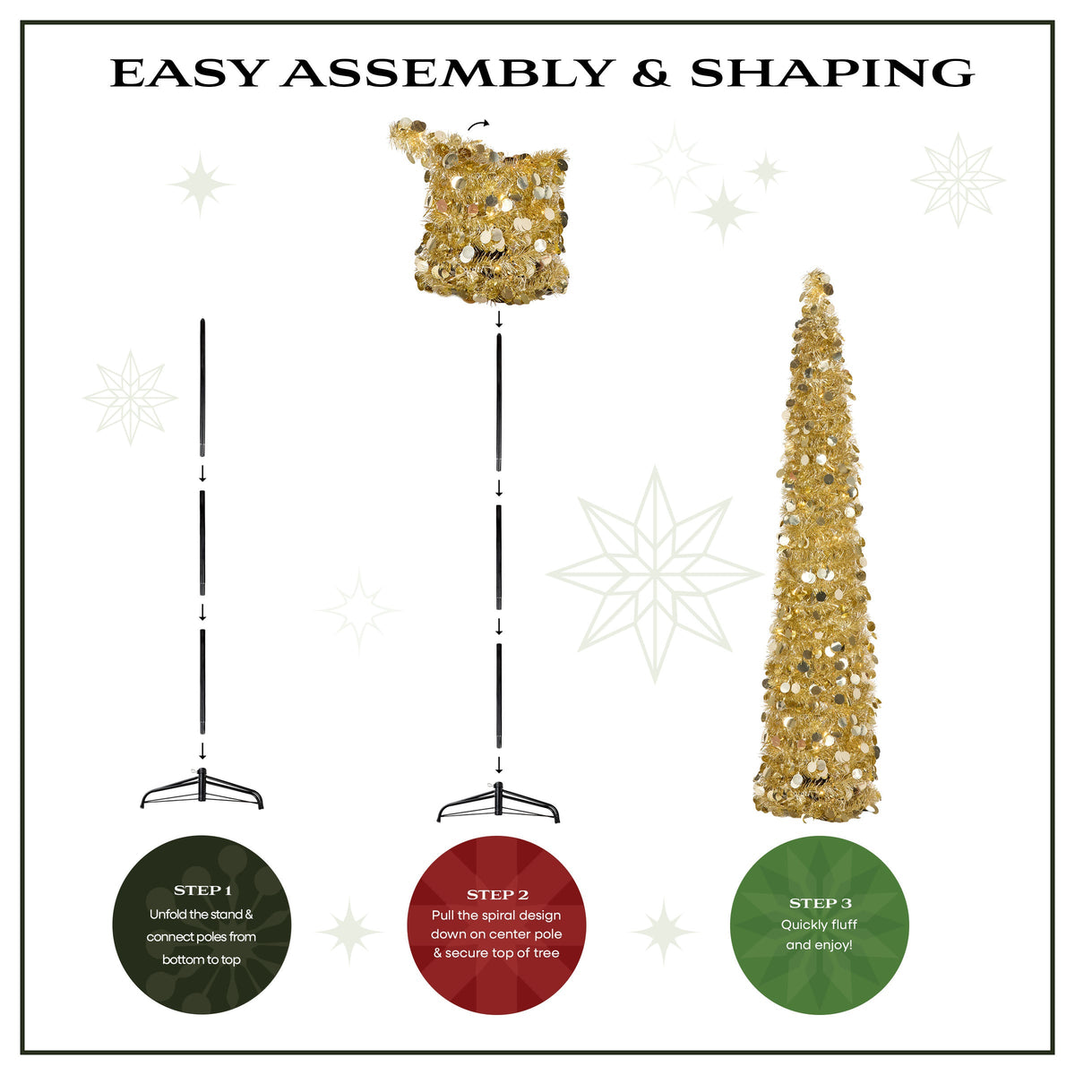 Pre Lit Gold Tinsel Pop Up Pencil Trees, Set of 3 (3ft, 4ft, 5ft)