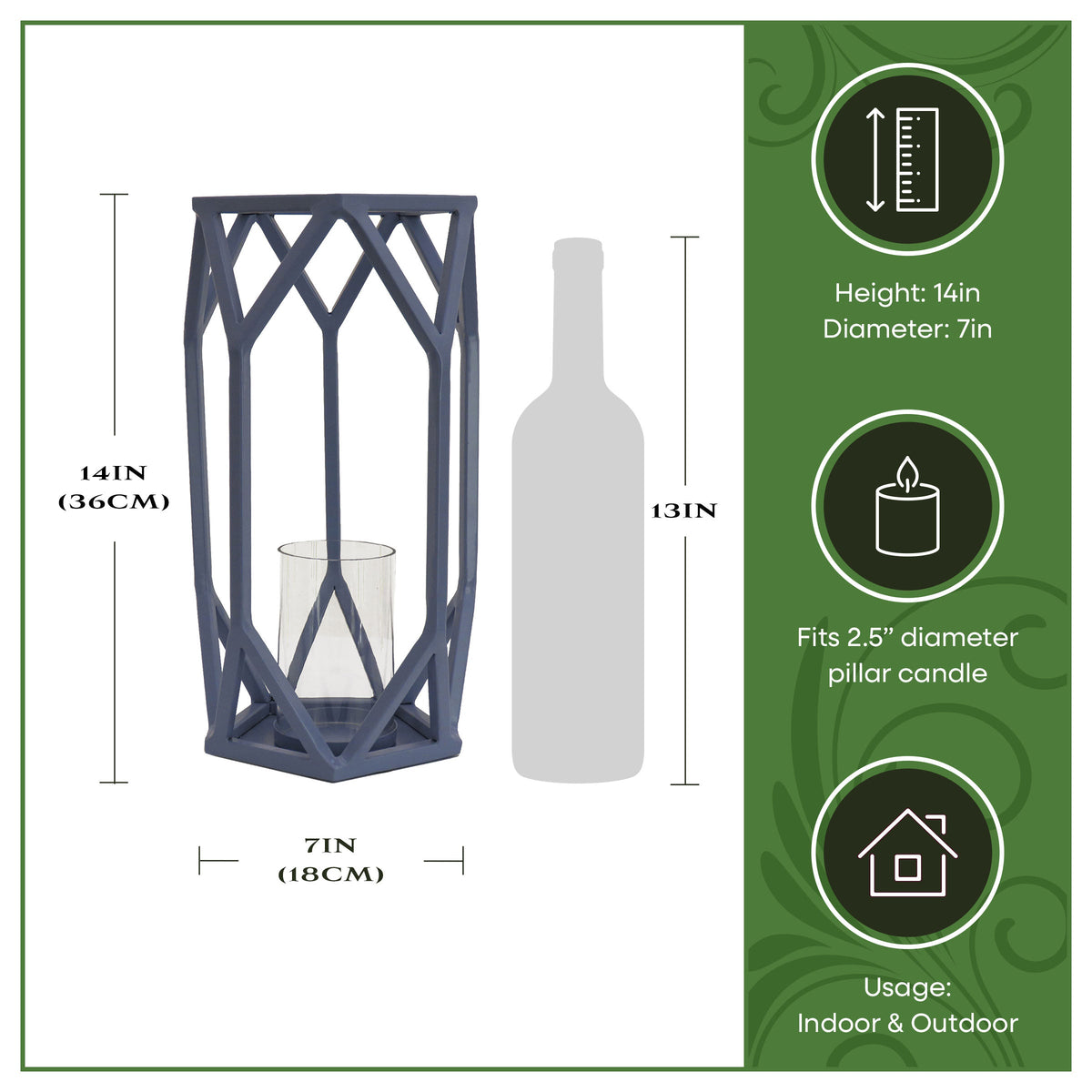 Dusty Blue Geometric Steel Candle Lantern, 36 cm