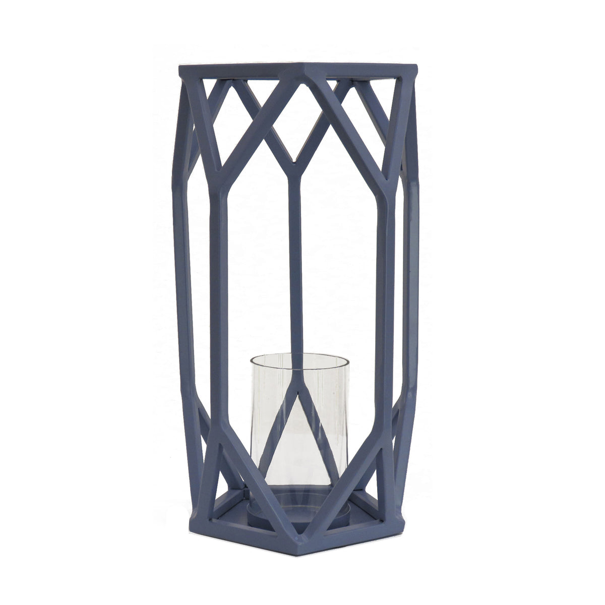 Dusty Blue Geometric Steel Candle Lantern, 36 cm