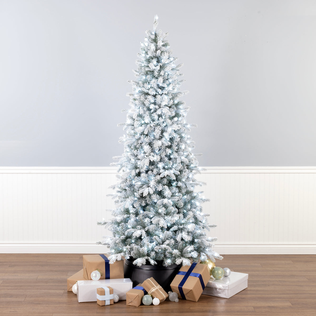 7.5ft Pre Lit Slim Snowy Blue Christmas Tree, LED Lights