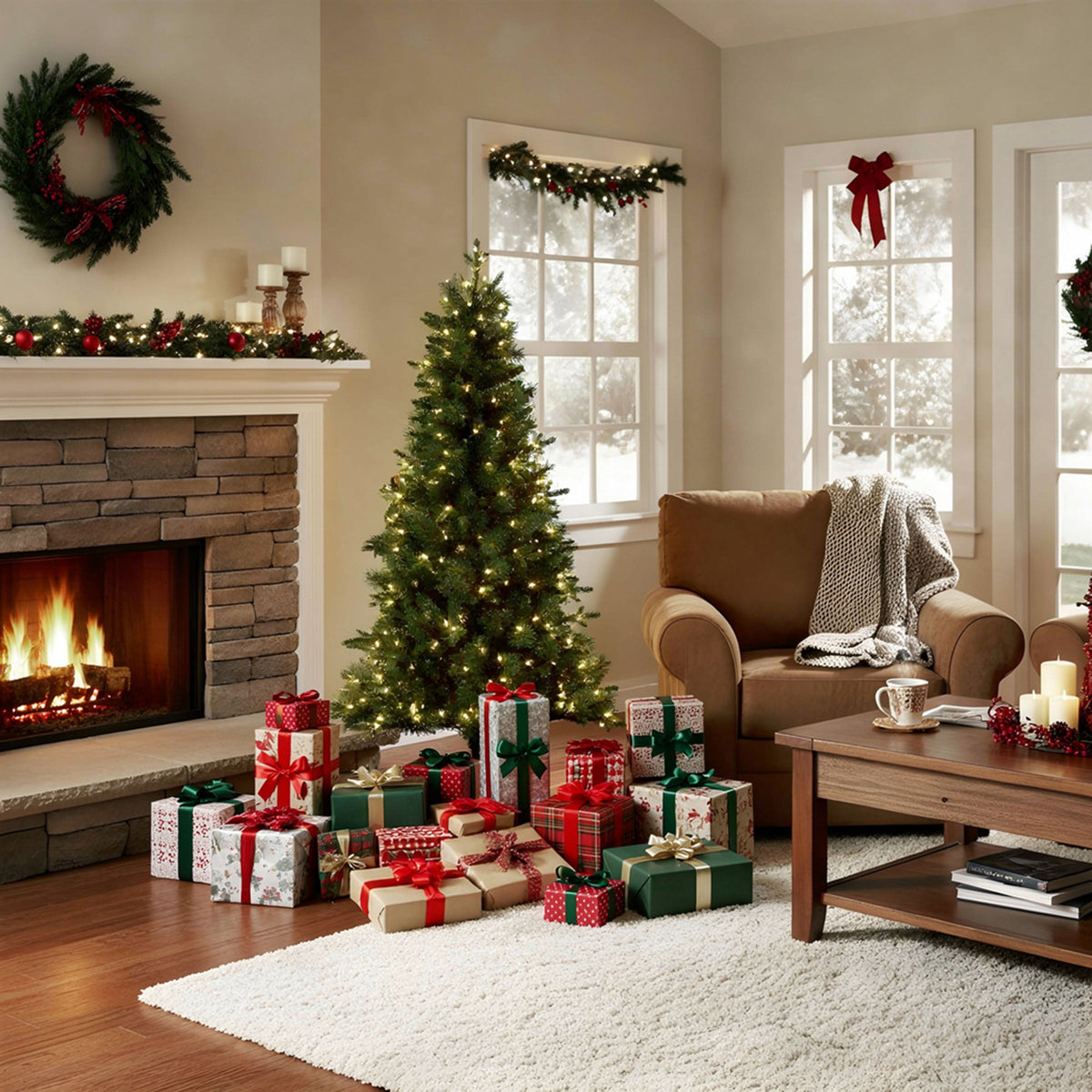 6ft Pre Lit Natural Pine Christmas Tree, Warm White LED