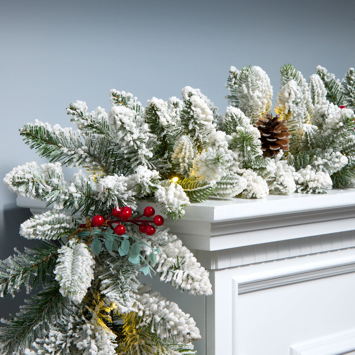 Pre Lit Snowberry Pine Christmas Garland, LED Lights, 2.7 m
