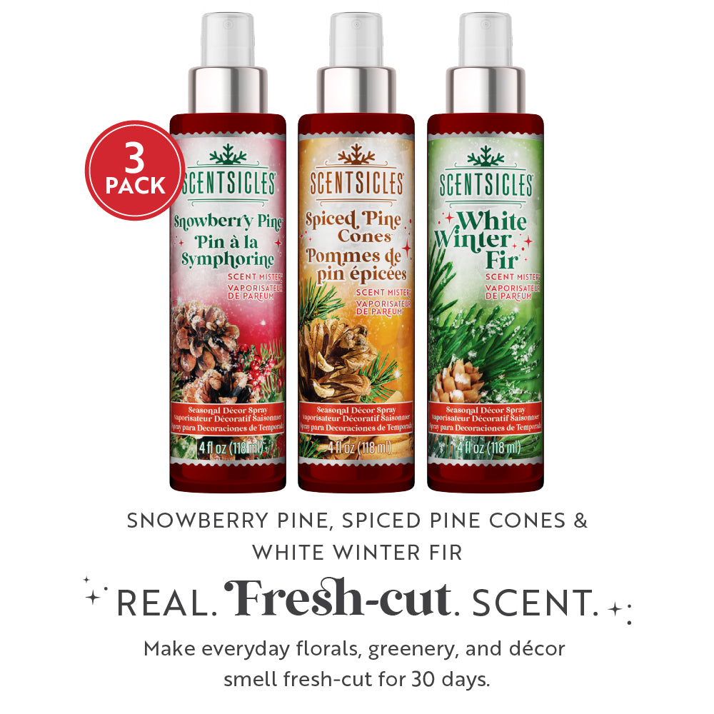 Festive Scent Mister Trio, Fir, Snowberry Pine and Spiced Pine Cones