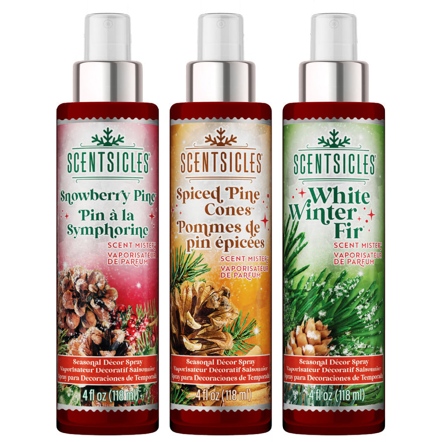 Festive Scent Mister Trio, Fir, Snowberry Pine and Spiced Pine Cones