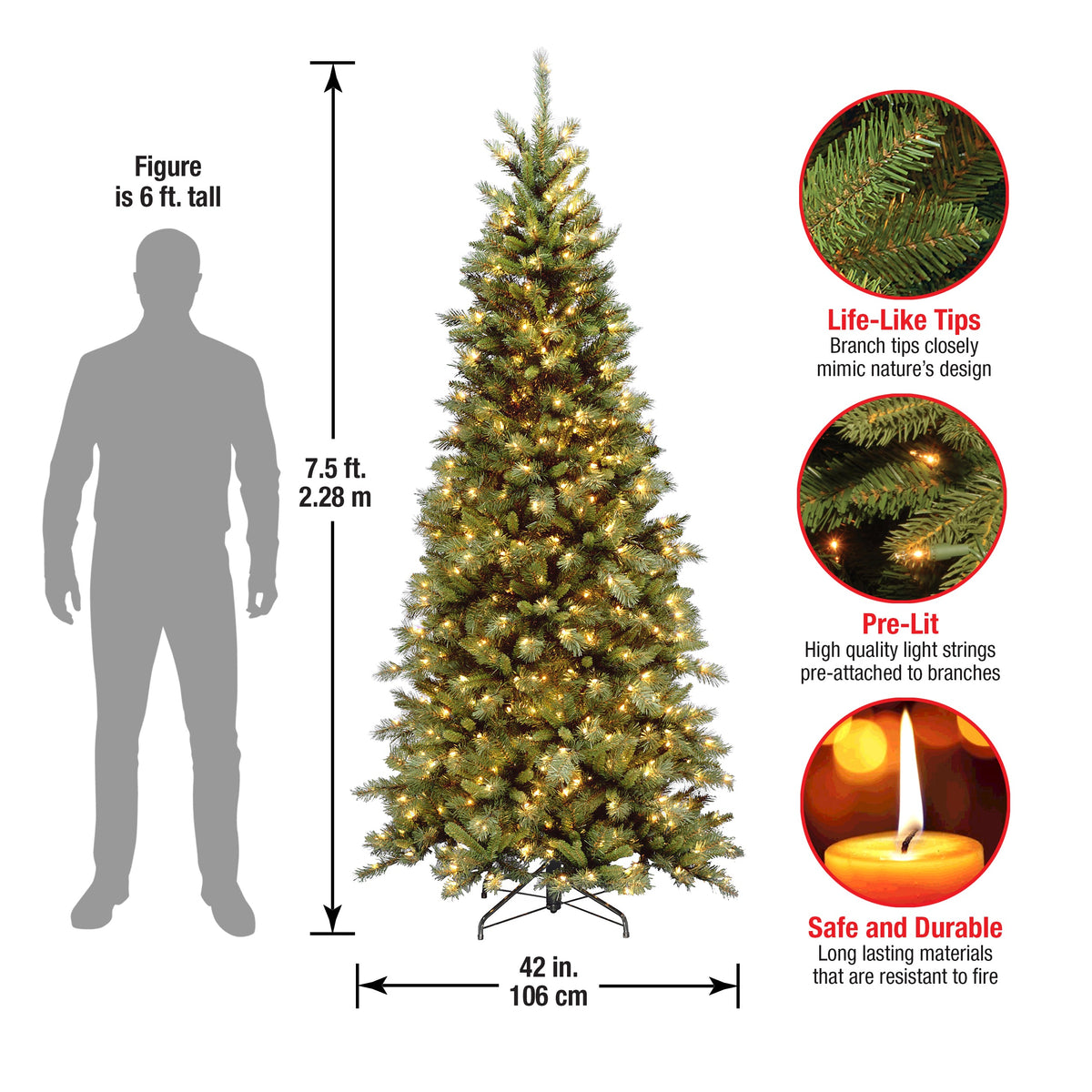 7.5ft Pre Lit Slim Tiffany Fir Christmas Tree, Clear Lights