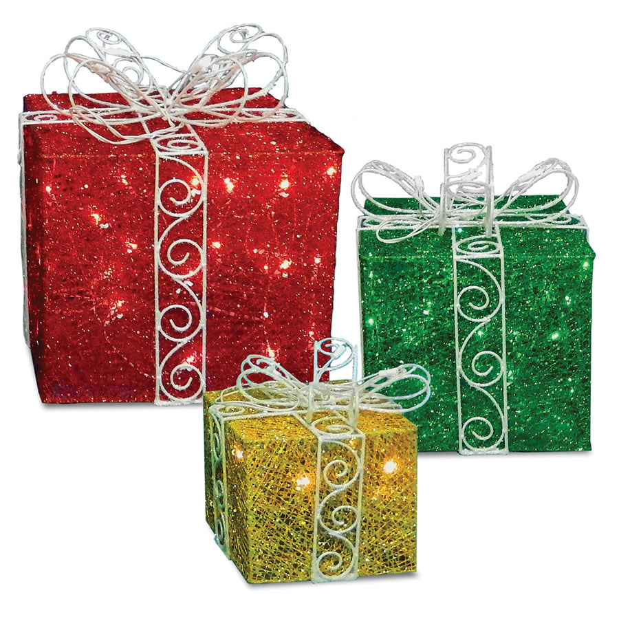 Light Up Sisal Gift Boxes with Bows, Set of 3