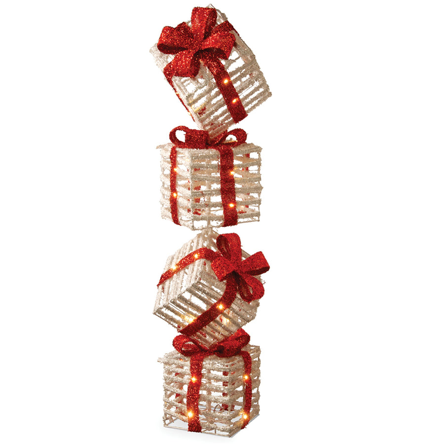 Pre Lit White Rattan Gift Box Tower with Micro LED Lights, 86 cm